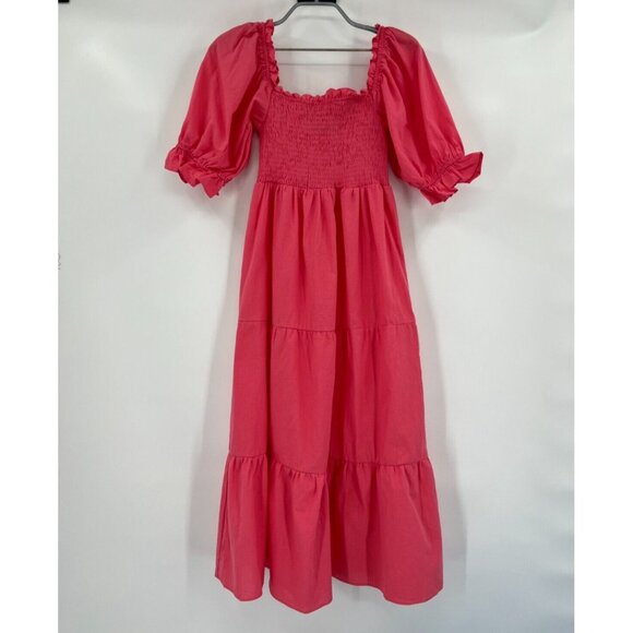 Pomander Place Tuckernuck Pink Hannah Dress sz Small Smocked Midi Puff Sleeve - Picture 1 of 9